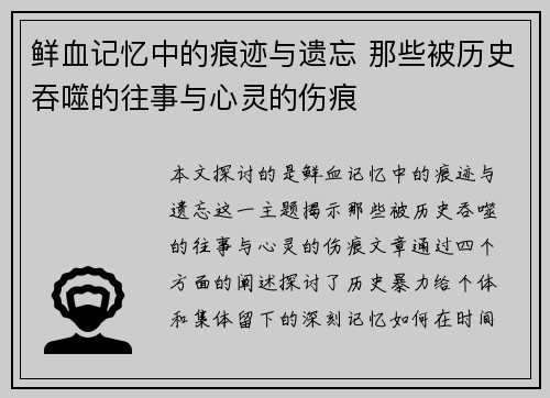 鲜血记忆中的痕迹与遗忘 那些被历史吞噬的往事与心灵的伤痕